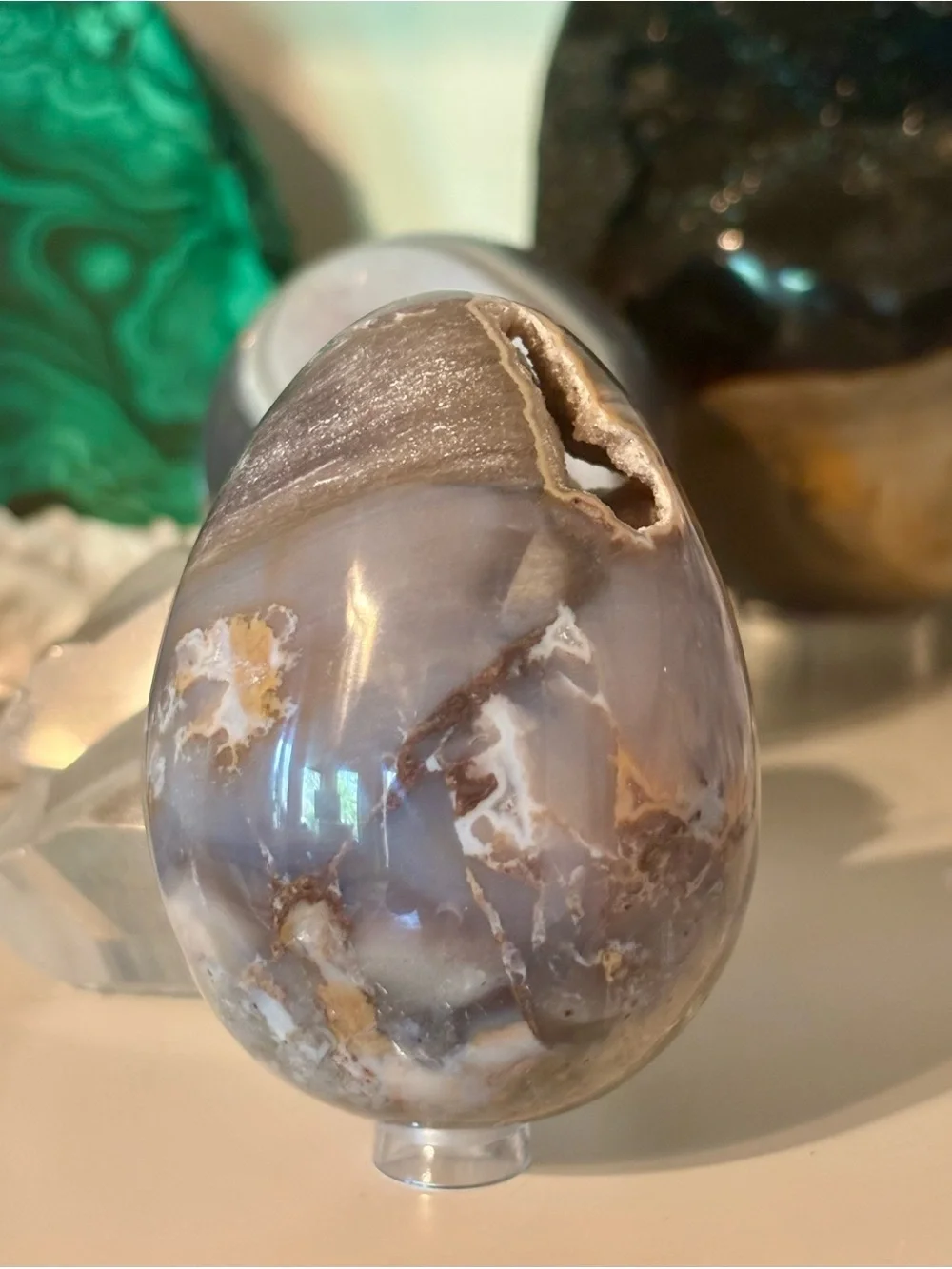 Druzy Ocean Jasper Geode Egg ~400g – Natural Crystal Cavities & Polished Egg